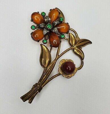 Vintage Art Deco Flower Brooch Large Gold Tone Lucite Rhinestones Estate Pin