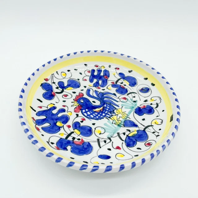 Vintage Italian Sambuco Mario Pottery Hand Painted Blue Rooster Bowl Plate Dish