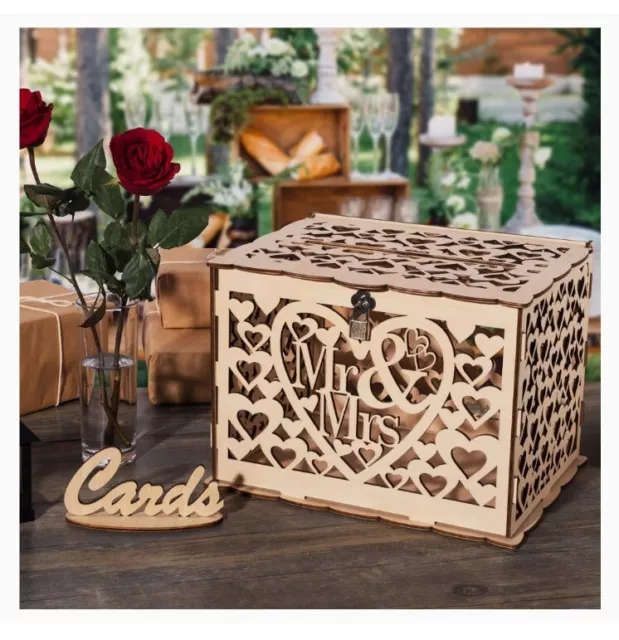 Funyear DIY Rustic Wedding Card Box with Lock, Wooden Gift Card Box Holder Money