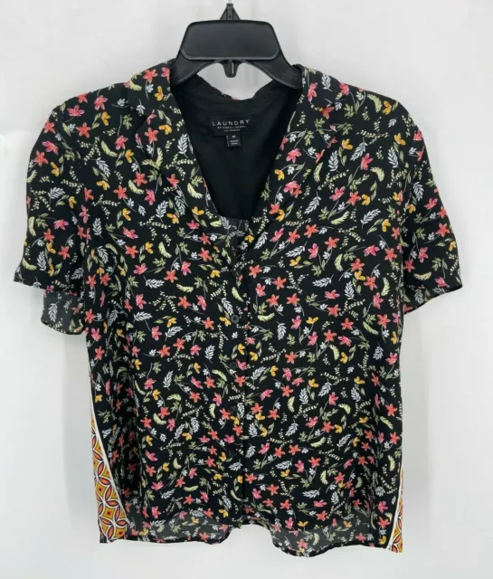 Laundry by Shelli Segal Blouse Womens Medium Black Floral V-Neck Short Sleeve Bo