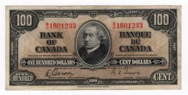 Bank of Canada 1937 $100 Hundred Dollars Note VF B/J Prefix Gordon-Towers