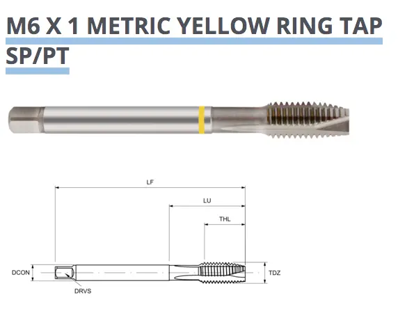 SPIRAL POINT TAP M6 x 1.0 HSS-E 6H DIN376 YELLOW RING TM04160600 EUROPA TOOL P33