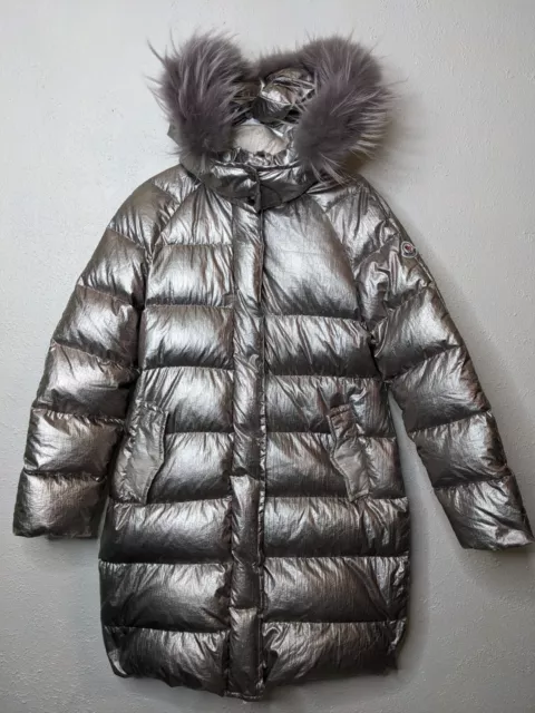 Moncler Womens Size 3 Silver Fur Hood Long Pockets Puffer Jacket