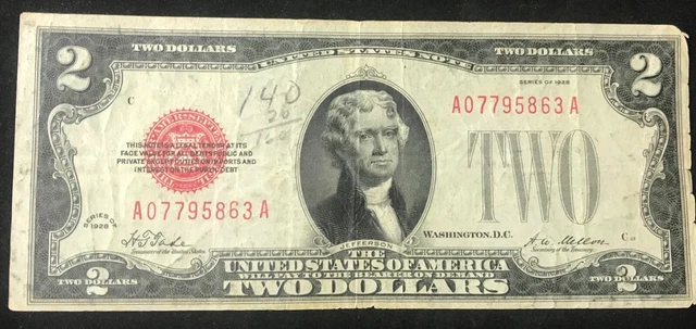 1928-G $2 Two Dollar Note  Legal Tender Red Seal. 002
