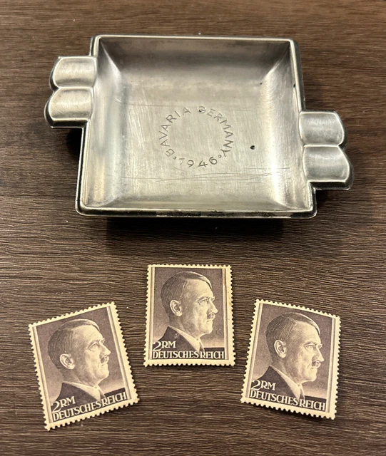 1946 Bavaria German Antique Art Deco Silver Ashtray + Nazi Germany WWII stamps