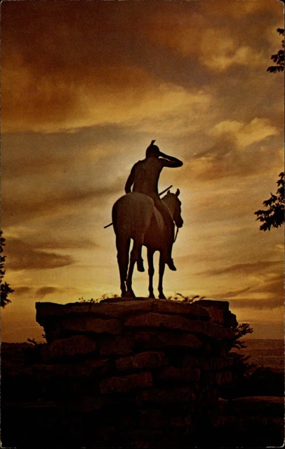 Indian Scout sunset ~ Penn Valley Park Kansas City Missouri ~ 1950s-60s postcard