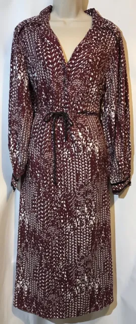 New NEXT Size 14-16 Berry White Geo Print Tie Waist Long Sleeve Midi Shirt Dress