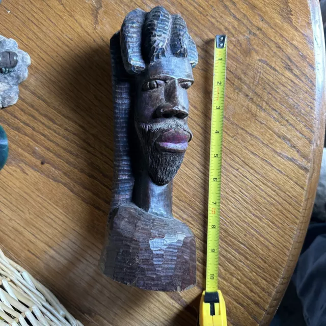 African Hand Carved Solid Wood Tribal Head Statue 10 1/8" Tall