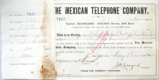 Mexican Telephone Company 1888 Stock Certificate, Mexico Mex