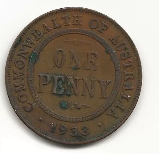 1933 Australia One Penny 1c Australian Bronze Cent Coin Circulated