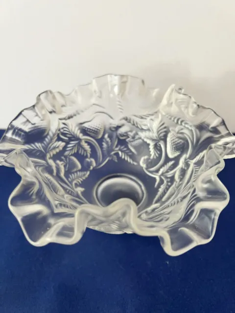 Vintage Fenton Glass Clear Frosted Satin Matte Strawberry Ruffled Edge Bowl