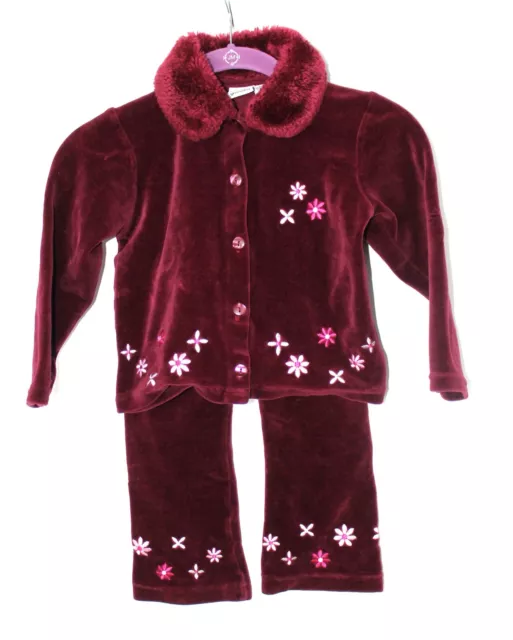 Velour Girls Maroon Jacket Pants w/ Embroidered Flowers 4T-5T