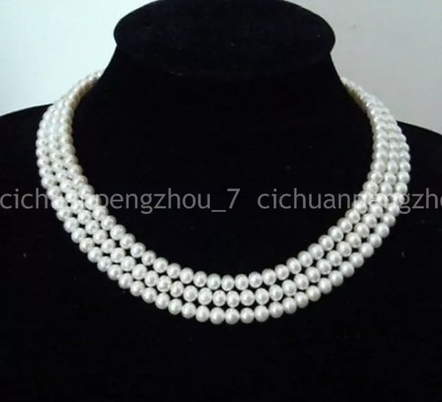 Pretty 3 Rows Natural 8-9mm Real White Akoya Freshwater Pearl Necklace 17-19''