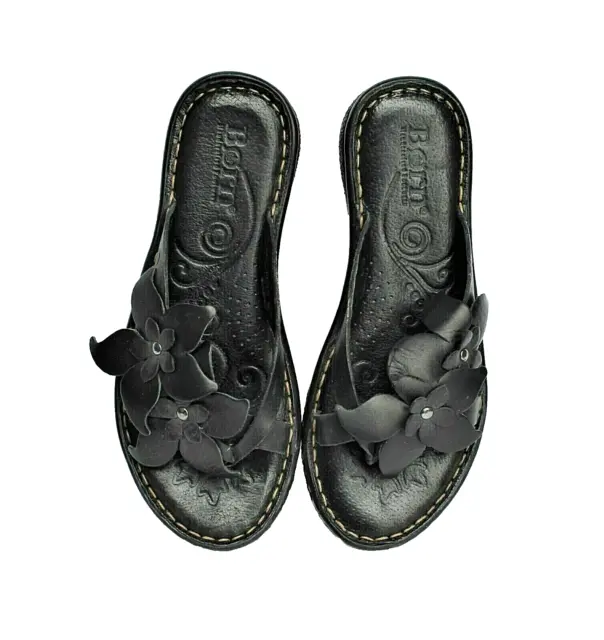 Born Womens 6M Black Leather Flower Slip In Thong Sandal Open Toe Shoe