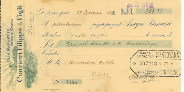 Assegno Bancario intestato CORRIERI FILIPPO & FIGLI, Dolceacqua 1930