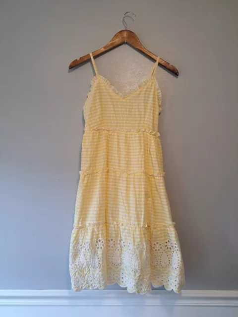 Jessica Simpson Women Yellow White Gingham Tiered Eyelet Dress Size Small