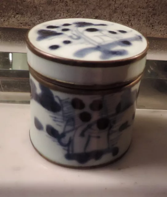 Chinese Porcelain Round Box Jar with Copper Rim Blue & White Landscape Qing