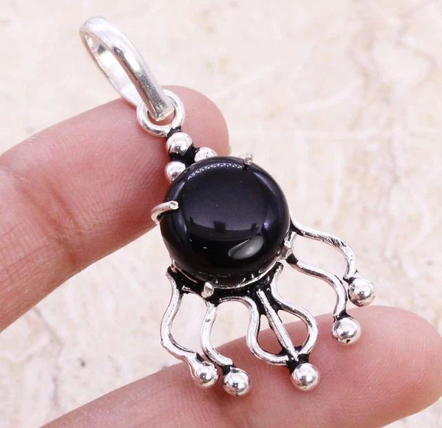 Black Onyx 925 Silver Plated Handmade Pendant of 1.5" Ethnic
