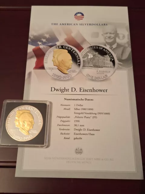 USA, 1990, 1 Dollar, Silber, Goldapplikation, PP, Dwight D. EISENHOWER, Silbermü