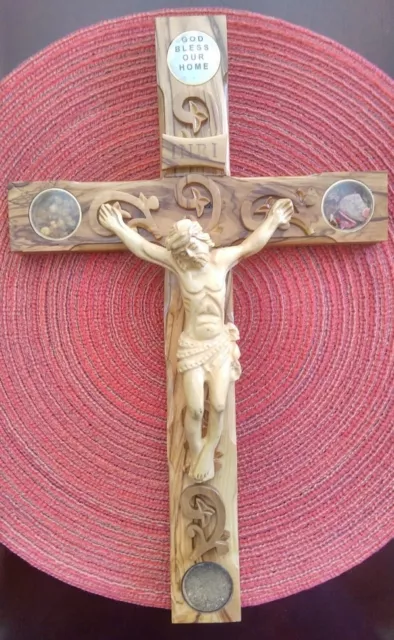 Bethlehem Holy Essences Lens Crucifix Olive Wood Jesus Samples Relics Cross 13"