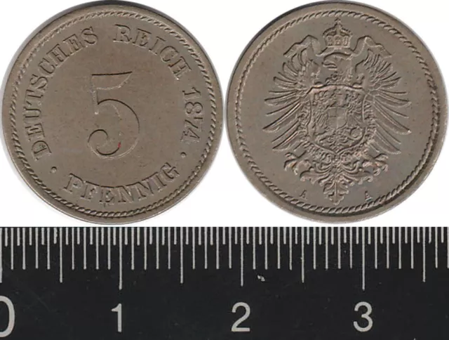 Germany: 1874A 5 Pfennig Deutsches Reich copper-nickel 5pf UNC cat US $60 = A$84