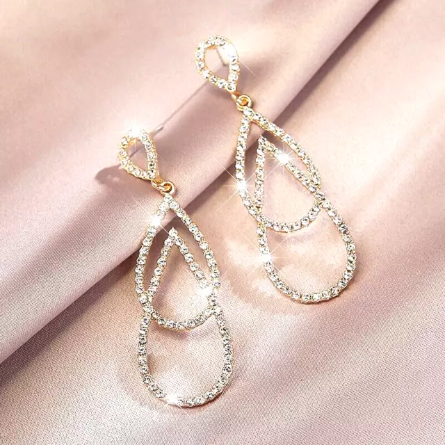 Gold Long Drop Dangle Earrings Crystal Rhinestone Waterdrop Bridal Prom UK