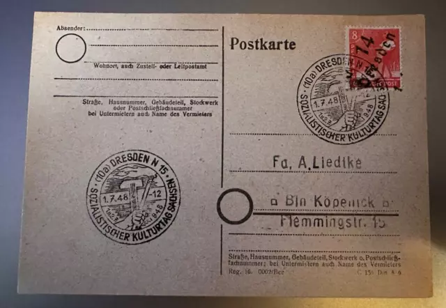 SBZ - Mi.-Nr. 168 -  14 Dresden auf 8 Pf. auf Pracht-Postkarte mit Sonderstempel