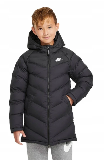 Nike Longline Boys Girls Black Coat Jacket Puffer winter Parker Synthetic Fill