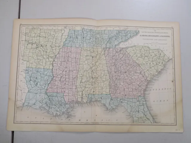 1869 Antique Mitchell COLOR Map  / ALABAMA, MISSISSIPPI, LOUISIANA, GEORGIA +++