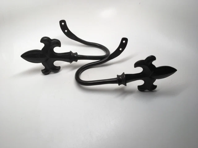 VTG Pair (2) Black Wrought Iron FLEUR DE LIS Curtain/Drapery Tiebacks - 8 1/2”