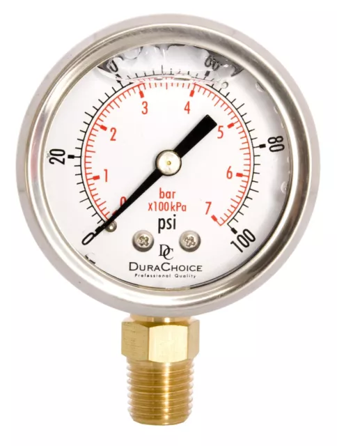 2" Pressure Gauge - Stainless Steel Case, Brass, 1/4" NPT, Lower Mnt. 0-100PSI