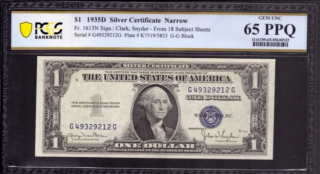 1935 D $1 Silver Certificate Subject 18 Fr 1613N Gg Block Pcgs B Gem 65 Ppq