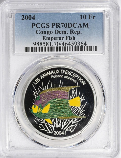 2004 Congo Emperor Fish 10 Francs Colorized Silver Coin PCGS PR70DCAM Top Pop 1