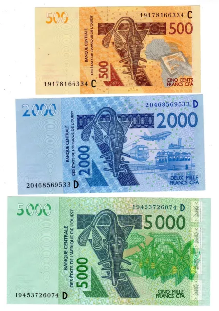 LOT SET SERIE 3 BILLETS AFRIQUE de l'Ouest WEST AFRICAN FRANC CFA 2019 NEUF UNC