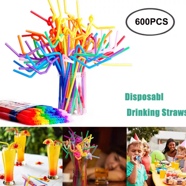 600 x Straws Flexible Plastic Bendy Drinking Straw Neon Coloured Birthday Party