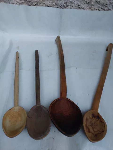 ANTIQUE PRIMITIVE OLD WOODEN HANDMADE CARVED SPOONS set of 4 3