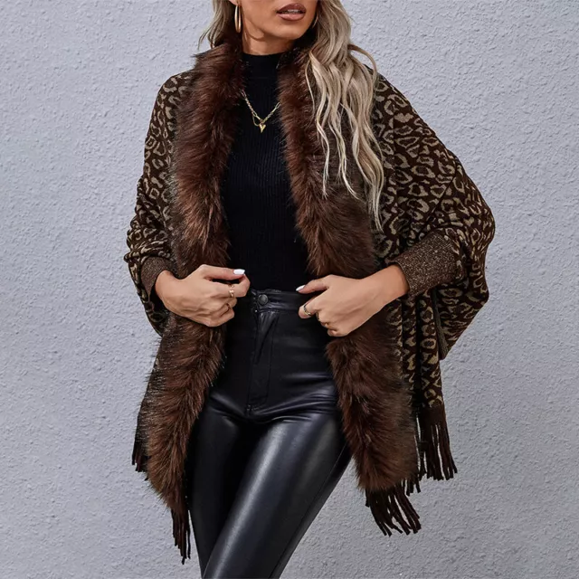 Lady Faux Fur Collar Leopard Coat Fashion Loose Capes&Ponchos Tassel Cardigan