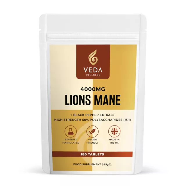 Pure Lions Mähneextrakt 4000 mg - 180 vegane Tabletten + schwarzer Pfeffer. Hergestellt in UK.