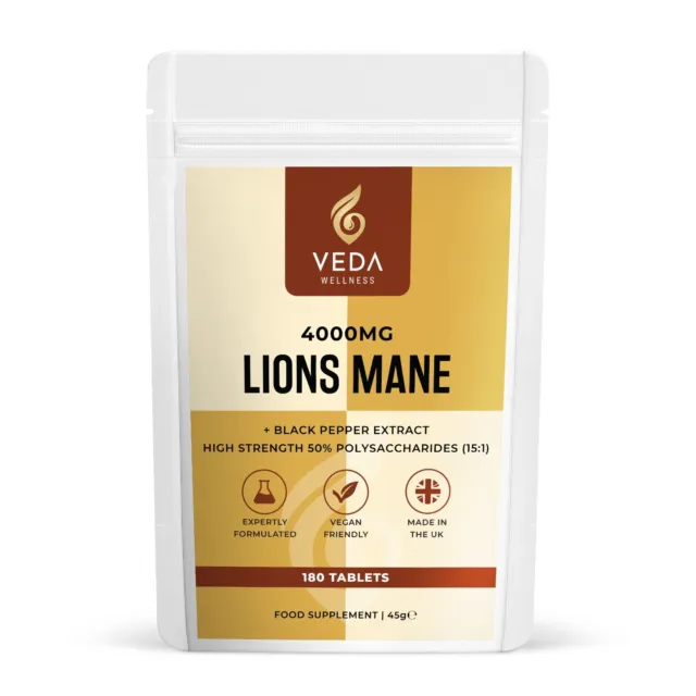 Pure Lions Mane Extract 4000mg - 180 Vegan Tablets + Black Pepper. Made in UK.