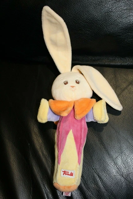 Doudou peluche hochet pouet lapin blanc écru rose jaune orange TRUDI TTBE 21 cm