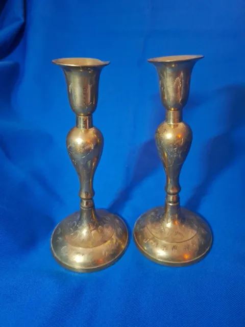 vintage etched brass candlesticks matching candlestick pair 7.5" detailed ..62