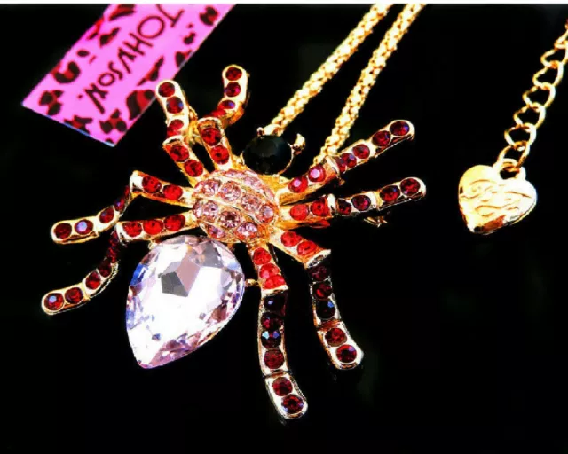 Betsey Johnson Crystal Spider Brooch Pendant Charm Necklace Chain Free Gift Bag