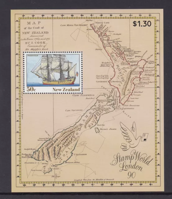 New Zealand: MUH mini sheet - 1990 Endeavour Ship Stamp World London 90 Expo