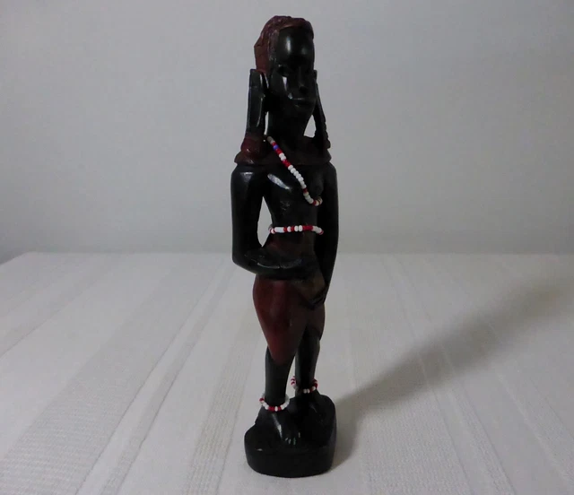 Vintage hand carved African wood carving figurine wooden KENYA MAASAI LADY WOMAN