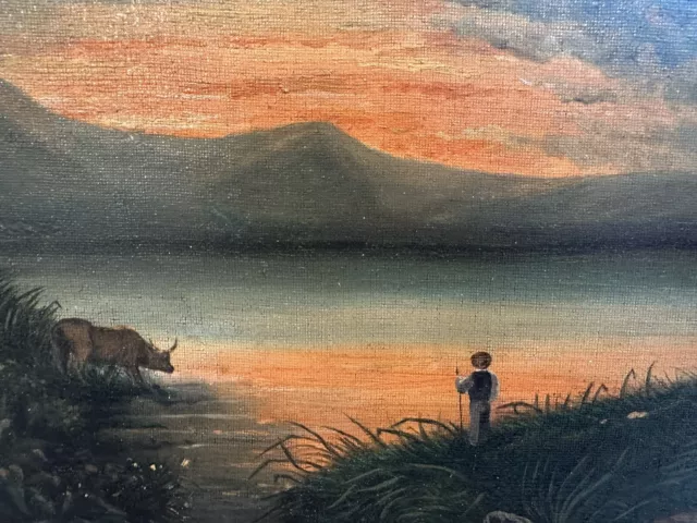 19th Century Luminous Sunset Over Mountain Lake Naive Oil Painting on Board 3
