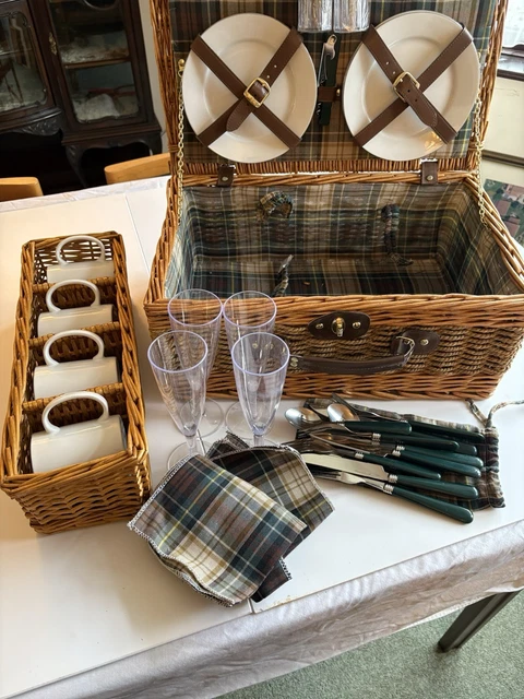 thumbnail image 2 of Large Wicker Picnic Basket Set For 4 – Includes Ceramic Cups, Flatware & Wine Glasses 2 of 4