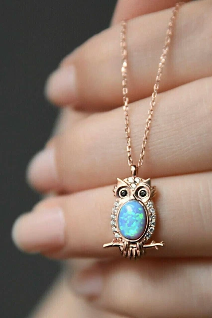 2Ct Oval Cut Lab Created Fire Opal Owls Pendant 14K Rose Gold Finish Free Chain