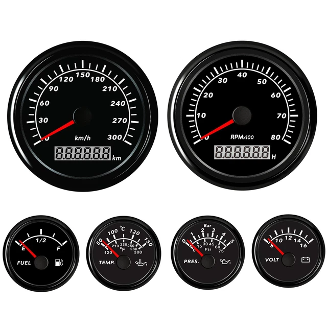 6 GAUGE SET GPS Speedometer 0-300Km/H Tachometer Fuel Volt Oil Temp For ...