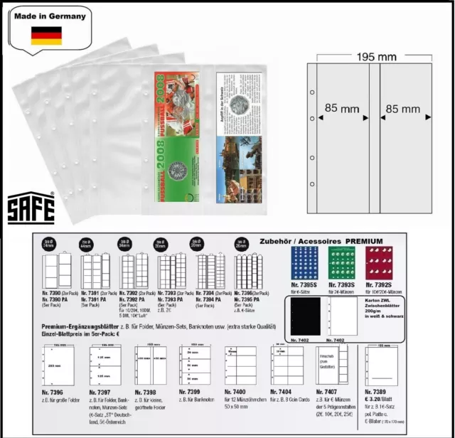 Banknotenhüllen 2 Fächer 85x255mm SAFE 7398 Ergänzungsblätter PREMIUM 10 x Pack