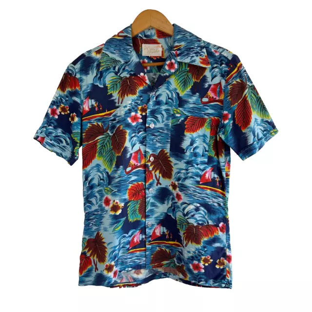 Vintage 70s S New Breed Short Sleeve Cotton Tropical Print on Blue Hawaiin Shirt